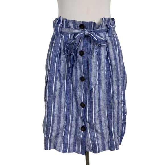 H&M Linen Striped Skirt Size 14 Paper Bag Waist Pockets Chambray - Picture 1 of 12